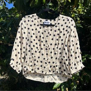 Rouje Paris ivory cream satin dot print puff 3/4 short sleeve cropped blouse